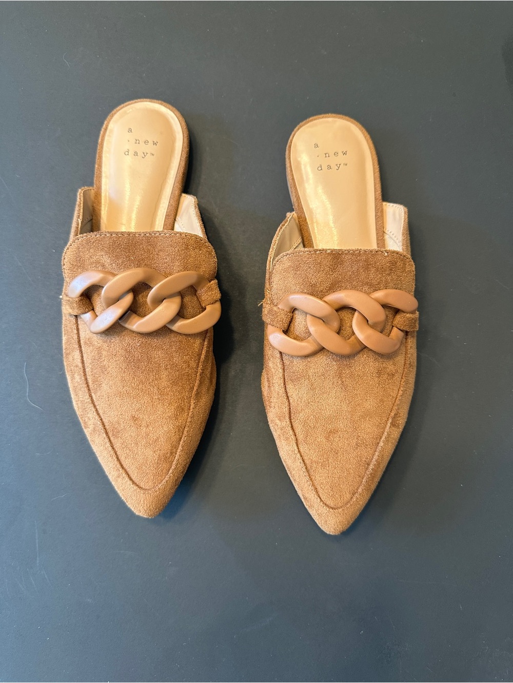a new day Tan Suede Pointed Chain-Trim Mules